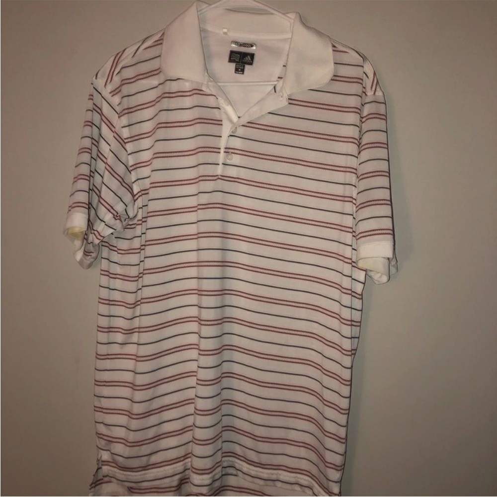adidas White Polo Shirt with Red Stripes - Climacool, Medium